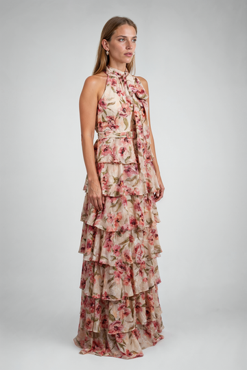 Mikael Aghal Tiered Ruffle Halter Maxi Gown in Mauve Floral