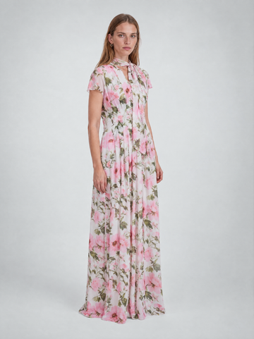 Mikael Aghal Floral Pleated Maxi Gown