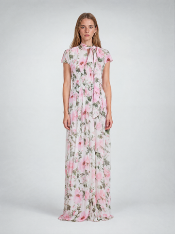 Mikael Aghal Floral Pleated Maxi Gown