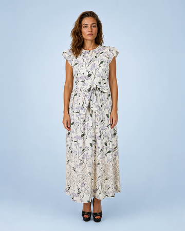 Mikael Aghal Flutter-Sleeve Floral Print Midi Dress with Lace Hem Detail in Off-White/Lavender
