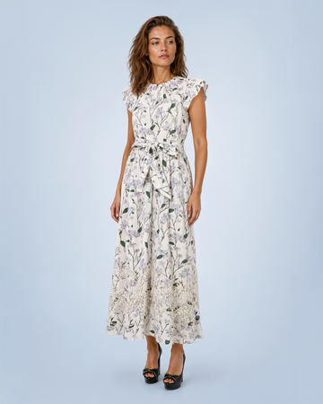 Mikael Aghal Flutter-Sleeve Floral Print Midi Dress with Lace Hem Detail in Off-White/Lavender