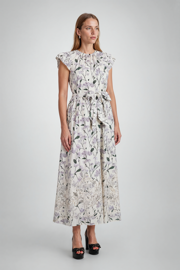 Mikael Aghal Floral Flutter-Sleeve Midi Dress