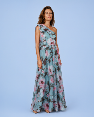Mikael Aghal One-Shoulder Floral Chiffon Gown