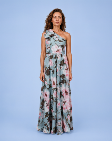 Mikael Aghal One-Shoulder Floral Chiffon Gown