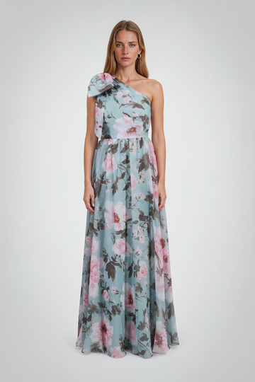 Mikael Aghal One-Shoulder Floral Gown
