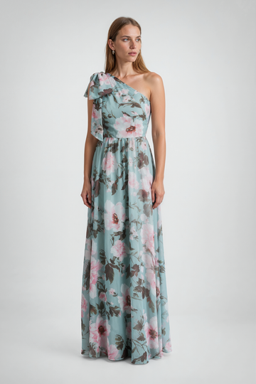 Mikael Aghal One-Shoulder Floral Gown