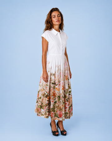 Mikael Aghal Floral Border Print Cotton-Blend Shirtdress