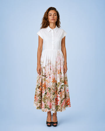 Mikael Aghal Floral Border Print Cotton-Blend Shirtdress