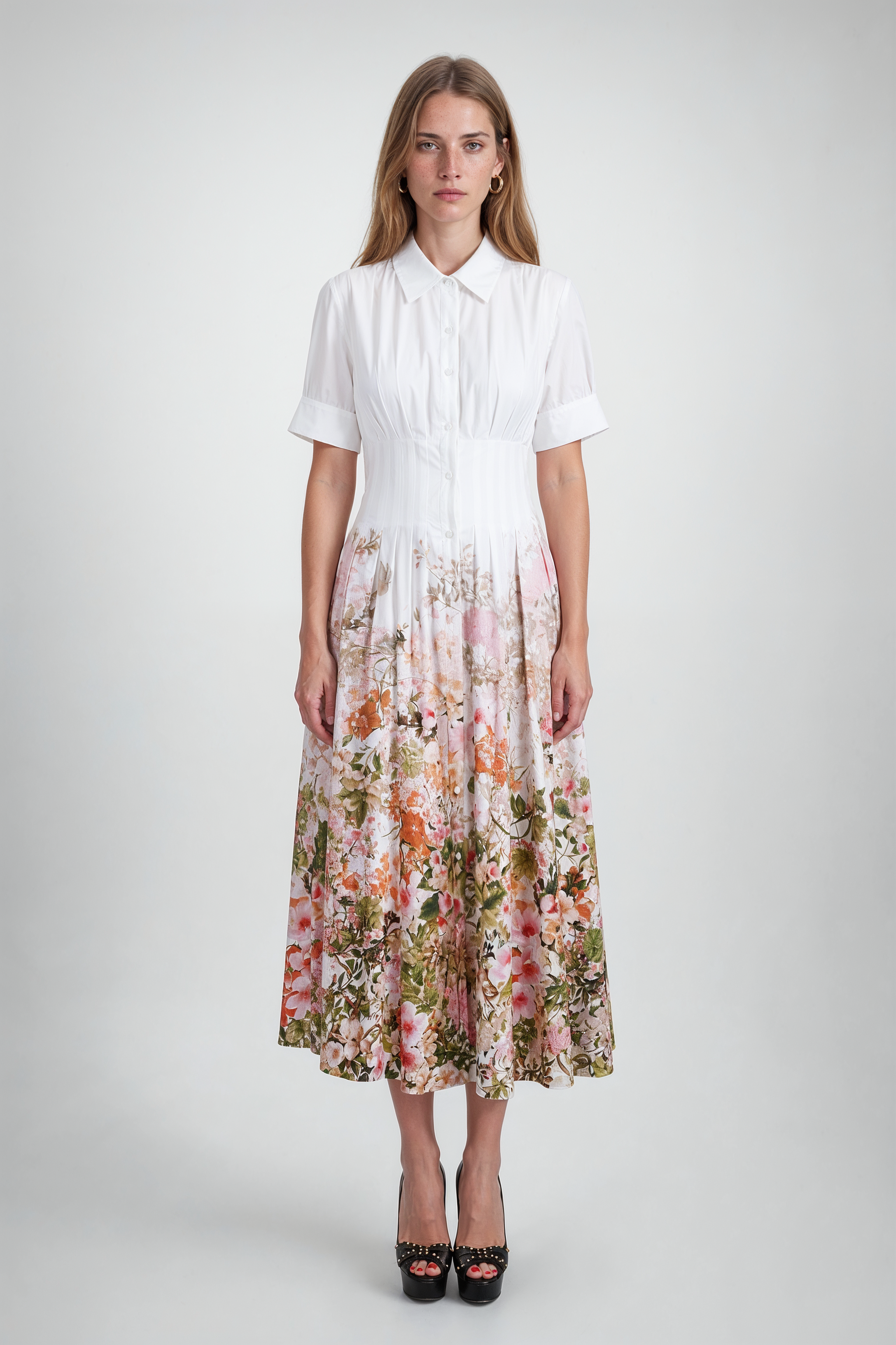Mixed-Media Short Sleeve Midi Dress