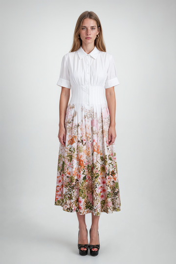 Mikael Aghal Mixed-Media Short Sleeve Midi Dress