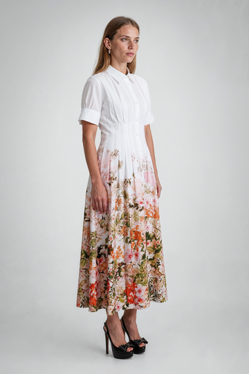 Mikael Aghal Mixed-Media Short Sleeve Midi Dress