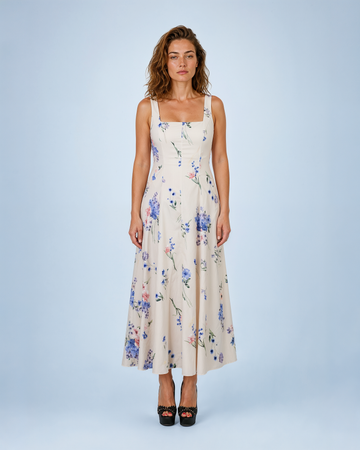 Mikael Aghal Square-Neck Floral A-Line Midi Dress in Blush Blue