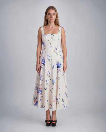 Mikael Aghal Square-Neck Floral A-Line Midi Dress in Blush Blue