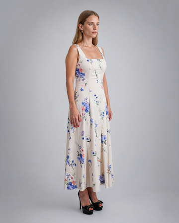 Mikael Aghal Square-Neck Floral A-Line Midi Dress in Blush Blue