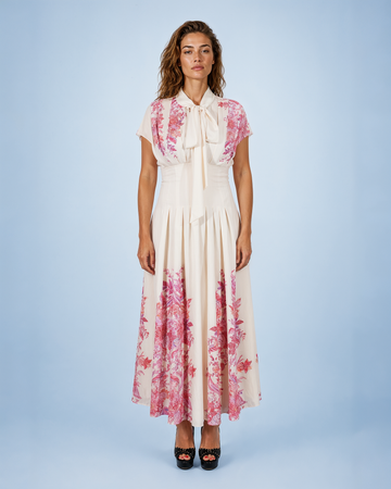 Mikael Aghal Border-Print Pussy-Bow Midi Dress in Cream Rose