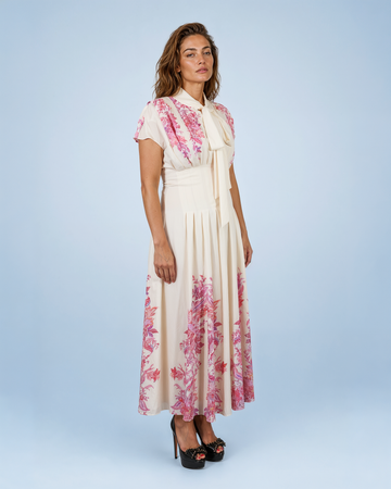 Mikael Aghal Border-Print Pussy-Bow Midi Dress in Cream Rose