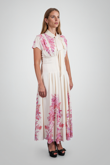 Mikael Aghal Border-Print Pussy-Bow Midi Dress