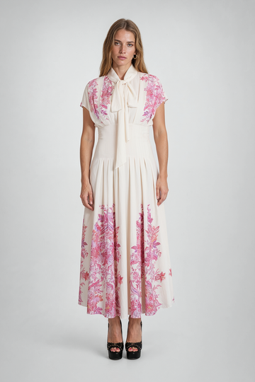 Mikael Aghal Border-Print Pussy-Bow Midi Dress
