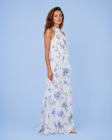 Mikael Aghal Floral Ruffle Halter Chiffon Gown