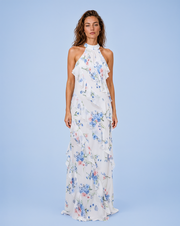 Mikael Aghal Floral Ruffle Halter Chiffon Gown