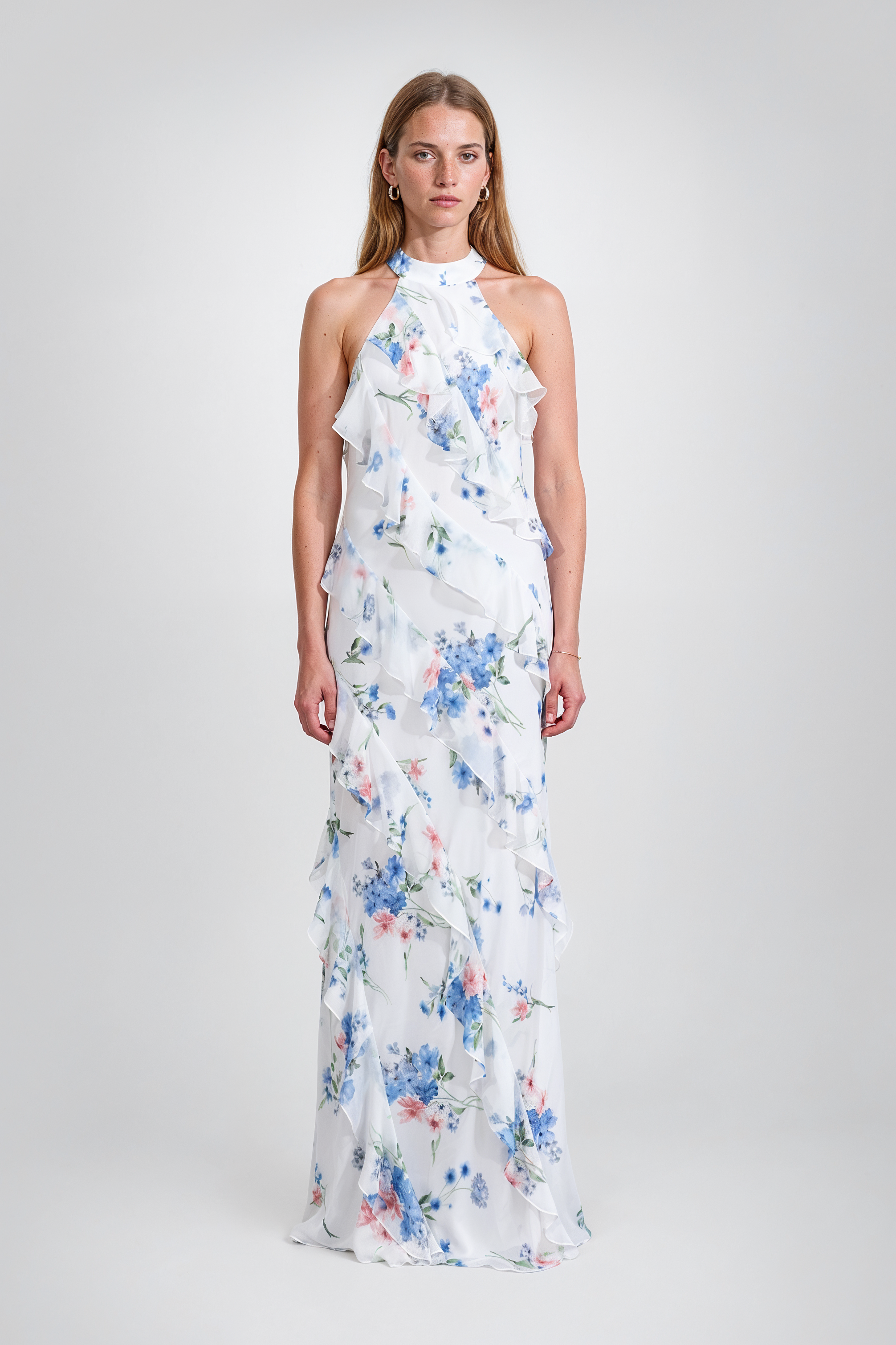 Floral Ruffle Halter Organza Gown