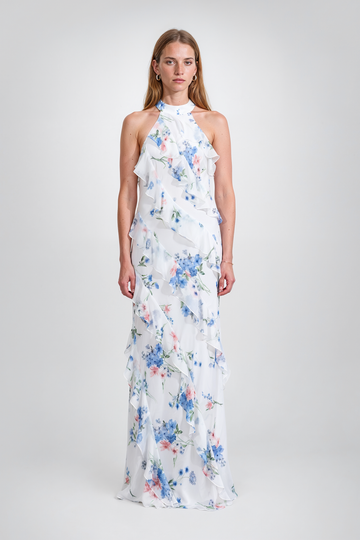 Mikael Aghal Floral Ruffle Halter Gown