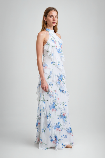 Mikael Aghal Floral Ruffle Halter Gown