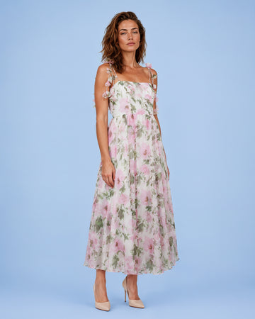 Mikael Aghal Watercolor Floral Spaghetti Strap Midi Dress