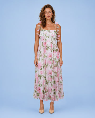 Mikael Aghal Watercolor Floral Spaghetti Strap Midi Dress