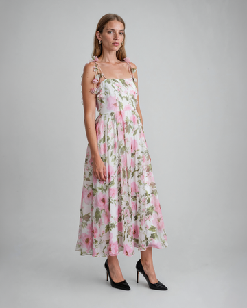 Mikael Aghal Watercolor Floral Spaghetti Strap Midi Dress