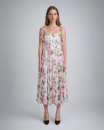 Mikael Aghal Watercolor Floral Spaghetti Strap Midi Dress