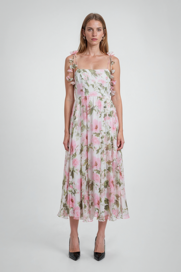 Mikael Aghal Watercolor Floral Spaghetti Strap Midi Dress