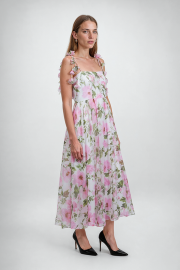 Mikael Aghal Watercolor Floral Spaghetti Strap Midi Dress