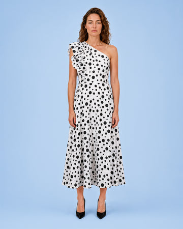 Mikael Aghal One-Shoulder Polka Dot Midi Dress