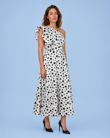 Mikael Aghal One-Shoulder Polka Dot Midi Dress