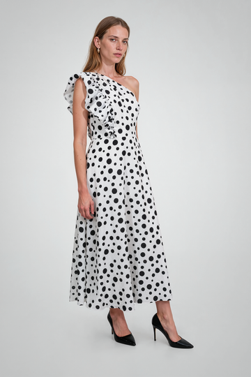 Mikael Aghal One-Shoulder Polka Dot Midi Dress