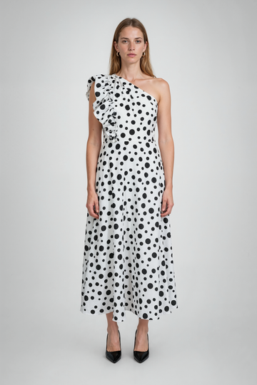 Mikael Aghal One-Shoulder Polka Dot Midi Dress