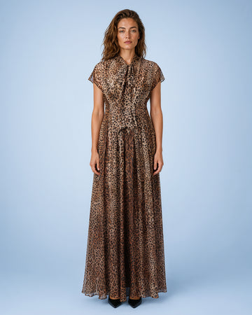Mikael Aghal Leopard Print Tie-Neck Chiffon Gown