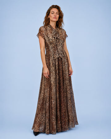 Mikael Aghal Leopard Print Tie-Neck Chiffon Gown