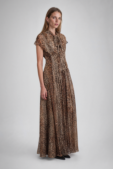Mikael Aghal Leopard Print Tie-Neck Gown