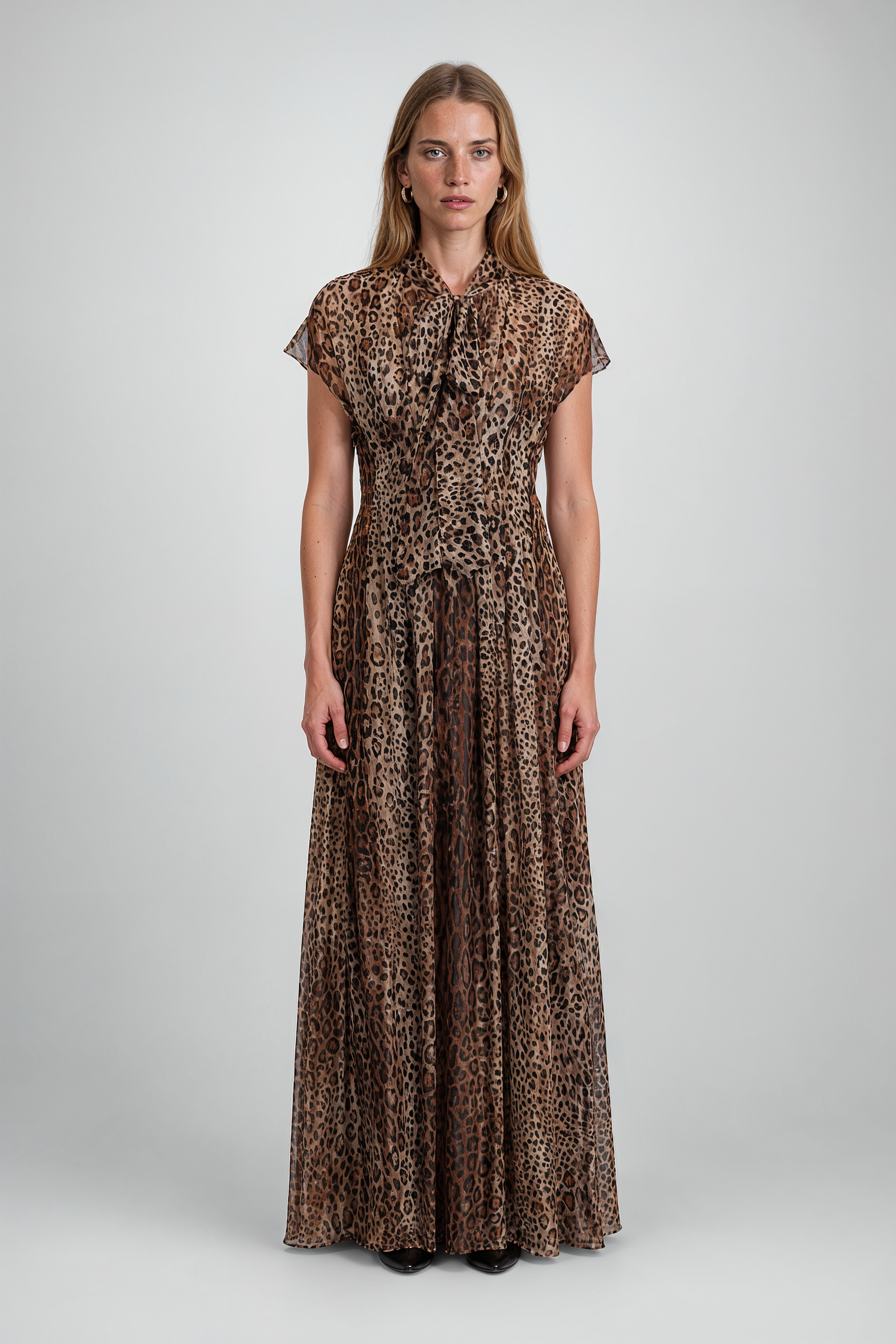 Leopard Print Tie-Neck Gown