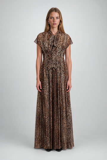 Mikael Aghal Leopard Print Tie-Neck Gown