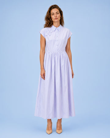 Mikael Aghal Lavender Stripe Cotton Midi Dress with Floral Appliqué