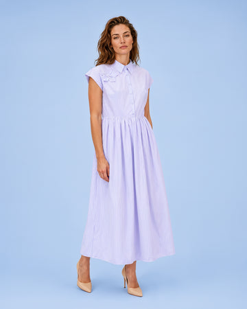 Mikael Aghal Lavender Stripe Cotton Midi Dress with Floral Appliqué