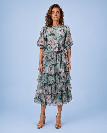 Mikael Aghal Blue Floral Tiered Ruffle Midi Dress