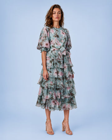 Mikael Aghal Blue Floral Tiered Ruffle Midi Dress