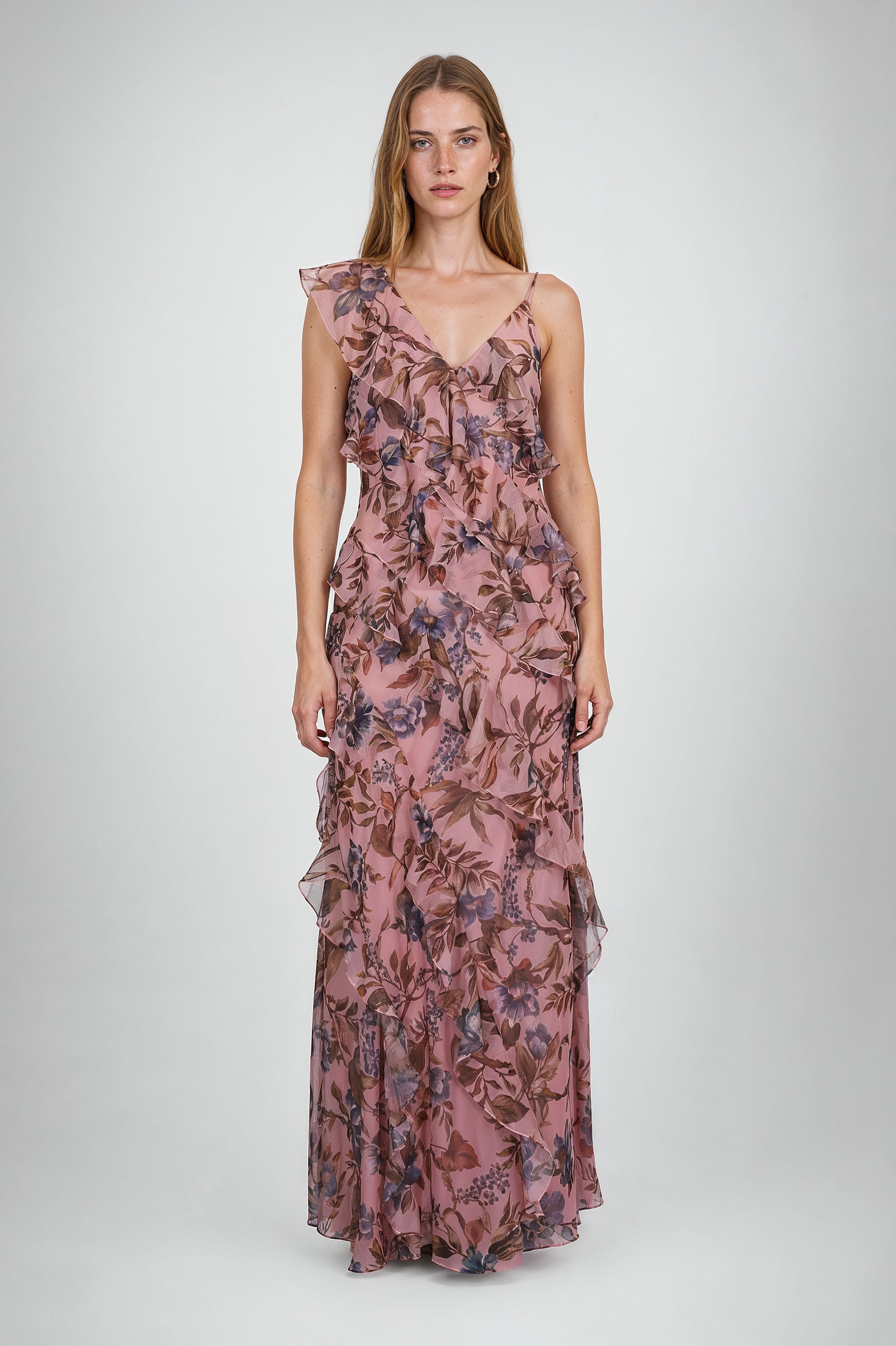 Pink Floral One-Shoulder Ruffle Chiffon Gown