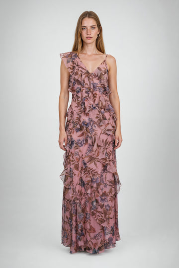 Mikael Aghal Pink Floral One-Shoulder Ruffle Gown