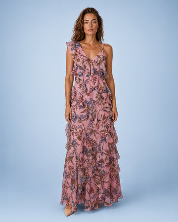 Mikael Aghal Pink Floral One-Shoulder Ruffle Chiffon Gown
