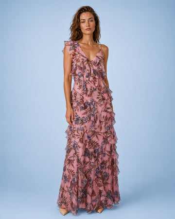 Mikael Aghal Pink Floral One-Shoulder Ruffle Chiffon Gown